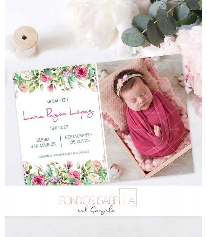Invitación de bautizo con flores personalizada con foto para niña