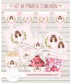 Kit imprimible mesa dulce Primera Comunión niña rosa y flor verde