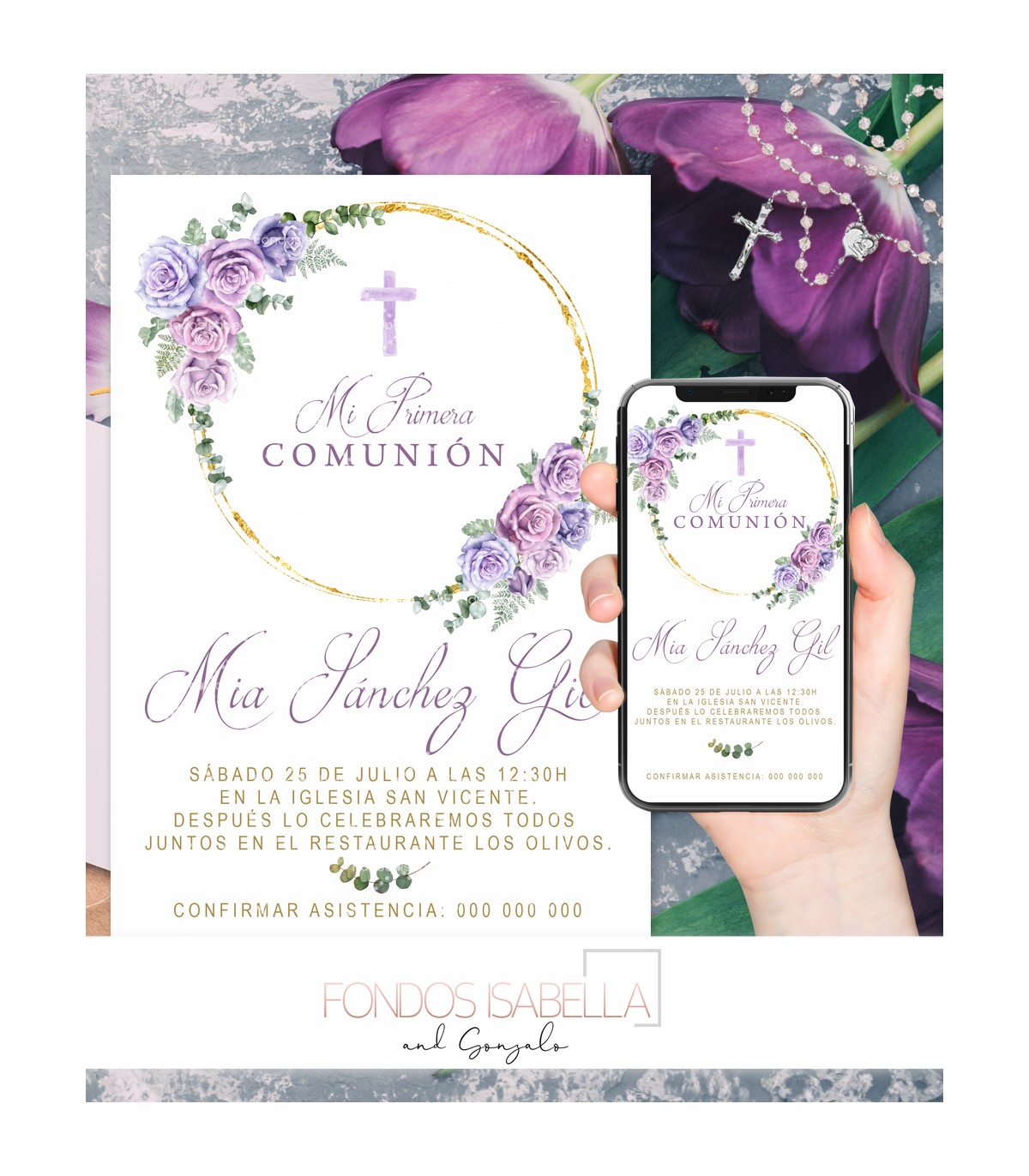 Invitación niña Primera Comunión imprimible rosas lilas + invitación para  móvil