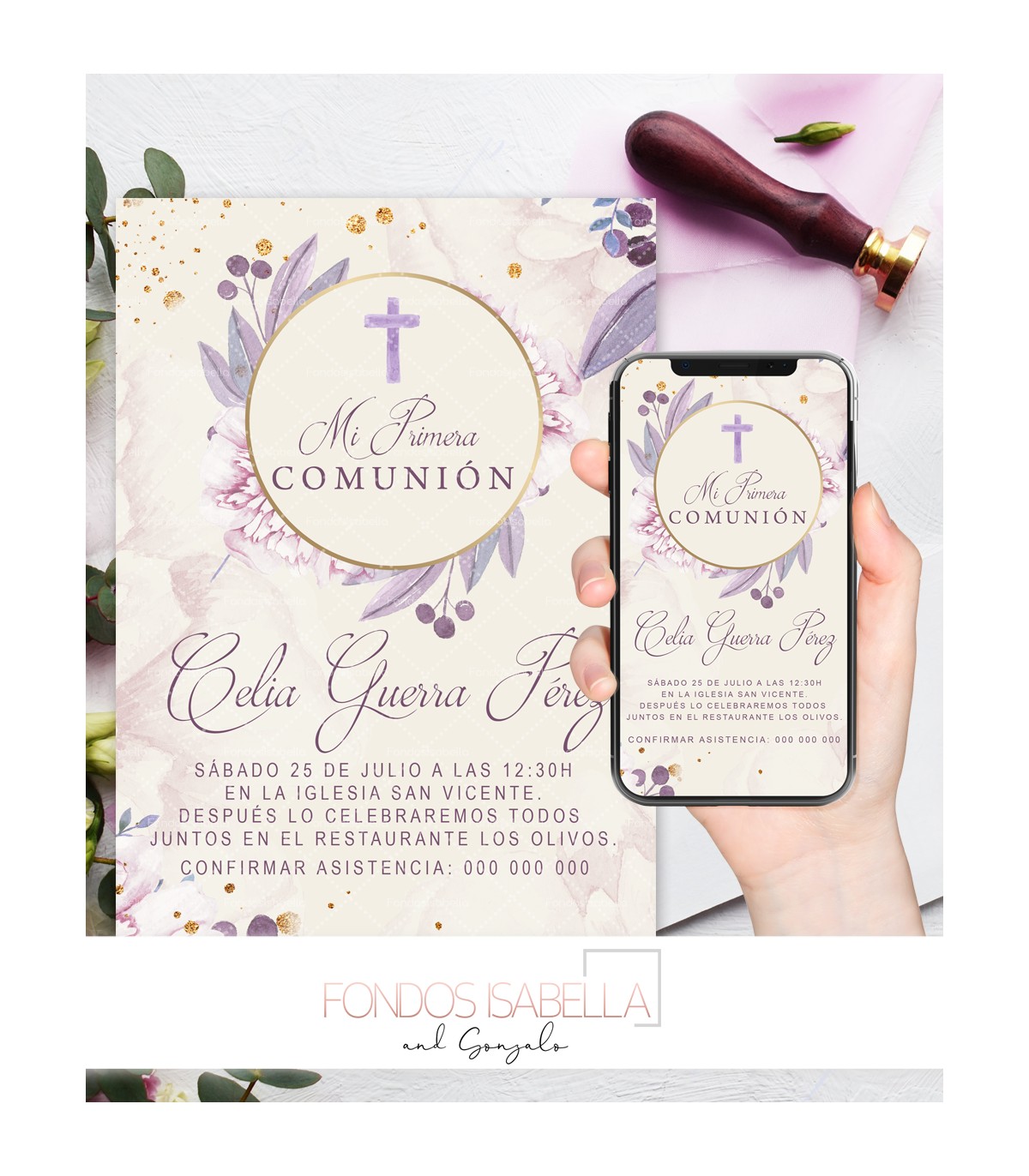 Invitación Primera Comunión imprimible niña flor lila y oro + invitación  para móvil