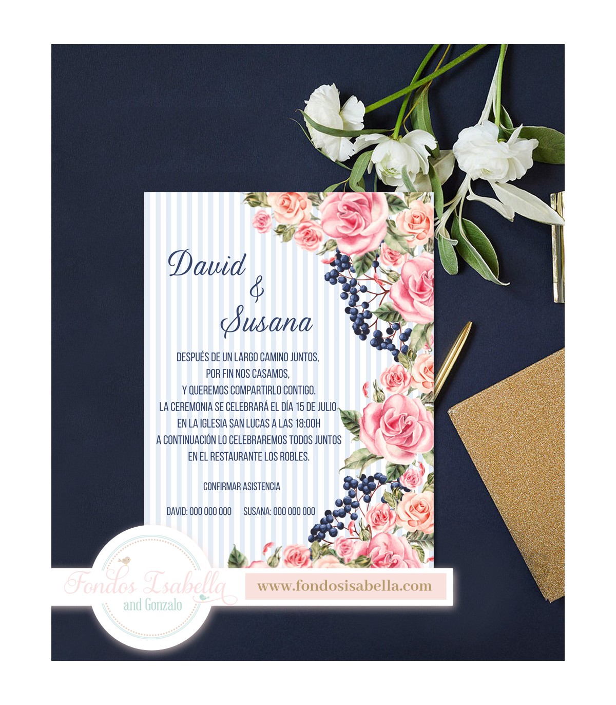 Invitación de Boda romántica rayas azul y flores